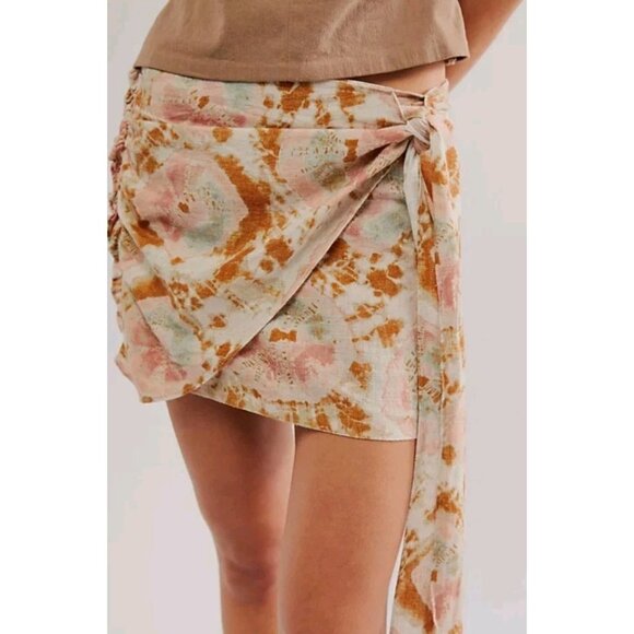 New Free People Size 4 Boho Sweet As Beach Linen Blend Casual Summer Mini Skirt - Picture 2 of 12